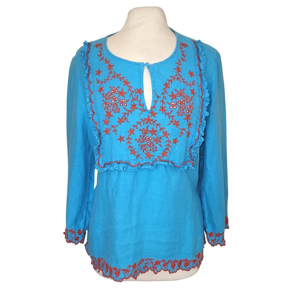 J. Crew Aqua Blue Red Embroidered 100% Linen Boho Peasant Hippie Tunic Blouse XL - Picture 2 of 10
